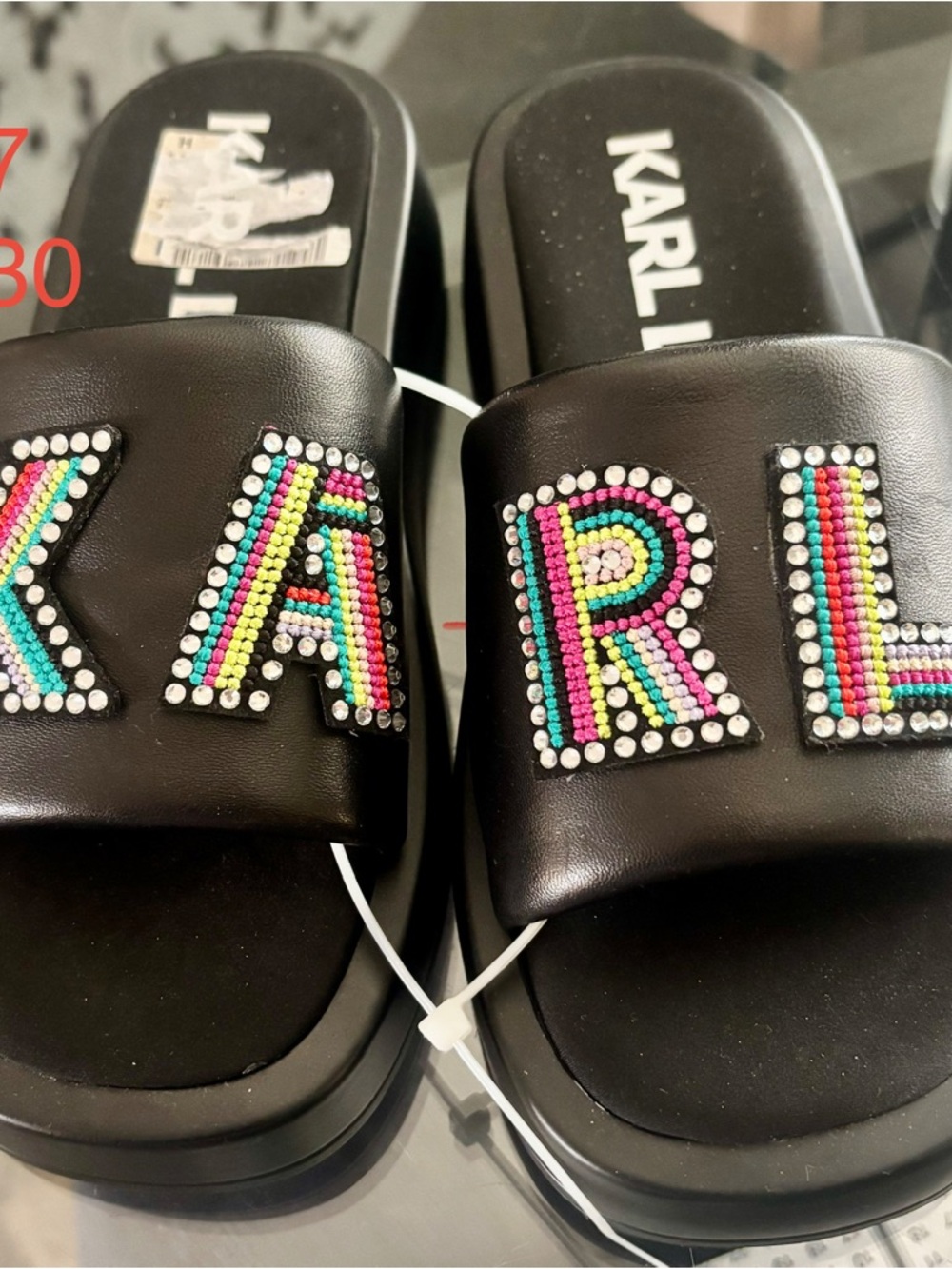 Karl Lagerfeld Black Slides with Multicolor Rhinestone KARL Logo